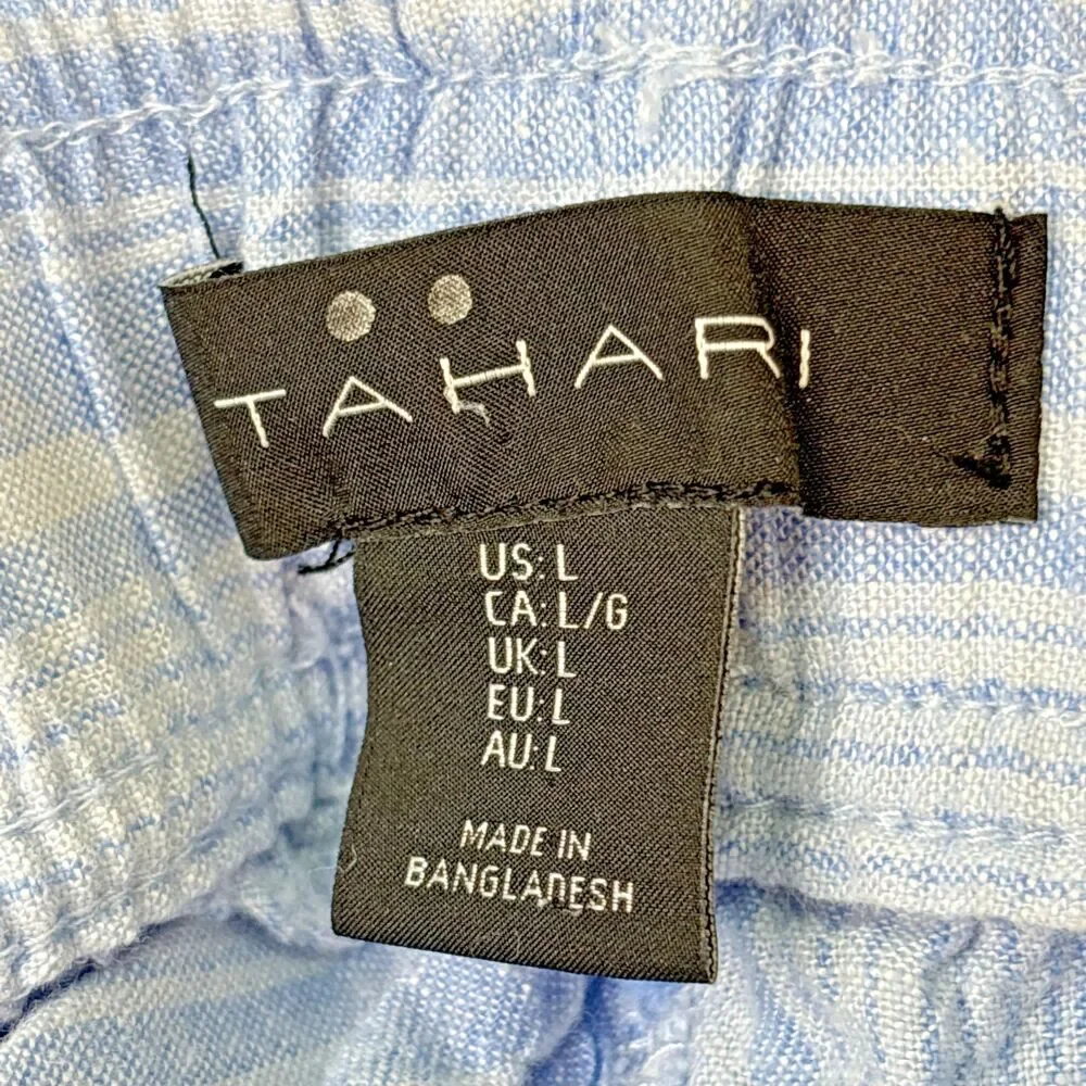 Tahari Women's Large Blue Linen Rayon Elastic Waist Casual Pants with Pockets